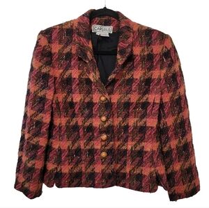Carlisle Women's Vintage Plaid Tweed Jacket Blazer Size 8 Black Orange Pink Wool